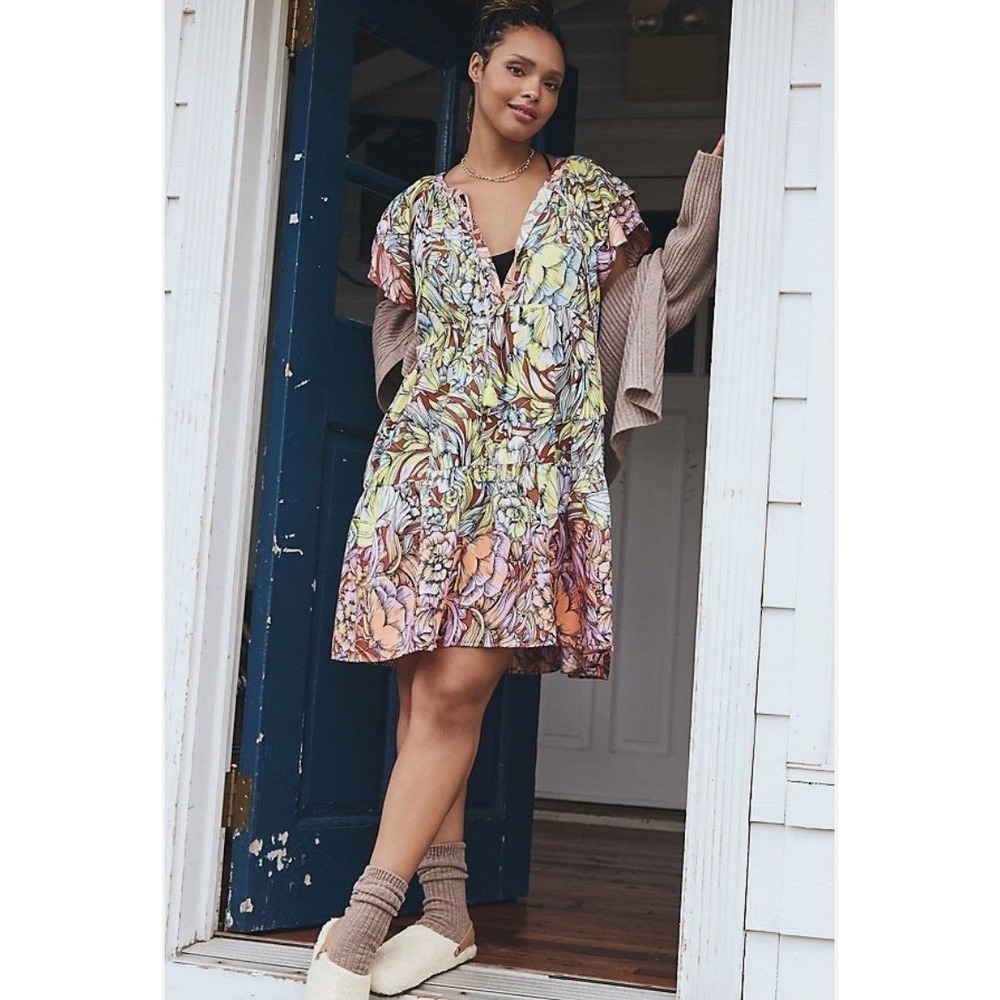 Anthropologie Alexandra Farmer Ruffle Sleeve Flannel Dress XS Boho Cottage EUC